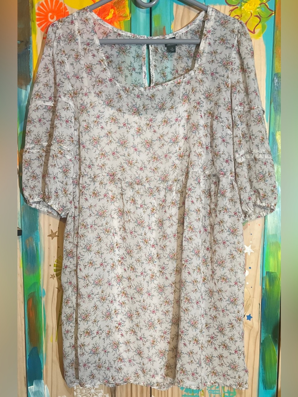 wild fable Cream Floral Puff-Sleeve Tunic Top
